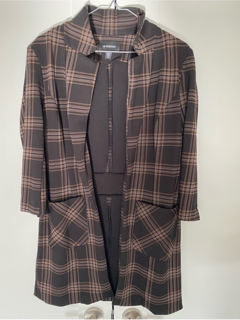 Le Chateau Women’s Long Blazer Jacket Small Black / Brown Plaid - Picture 2 of 7